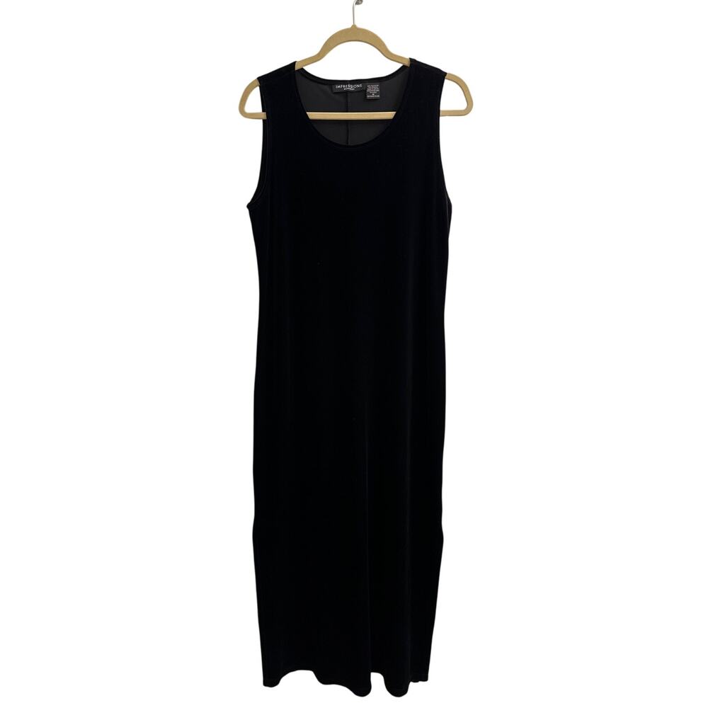 Impressions Black Velour Shift Midi Dress Goth Witchy Grunge Y2K Minimalist M‎